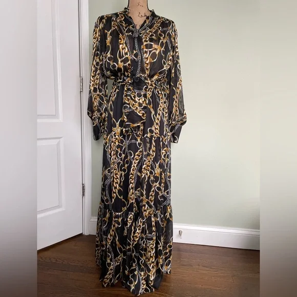 Miri New York | Dresses | Chic Chain Print Long Sleeve Maxi Dress | Poshmark